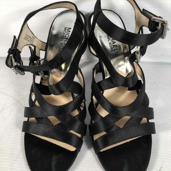 Michael Kors Black Fabric Satin Open Toe Buckle Ankle Stiletto Heel Sandals 9M - Picture 5 of 9